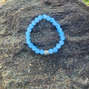 Blue Beaded Stretch Bracelet with Decorative Gold Accent - Women Jewelry